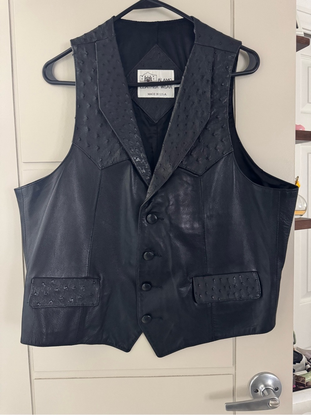 ALamo Learher Black Leather Vest with Textured Ostrich-Style Panels